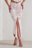 Per Favore Champagne Satin Ruched Split Maxi Skirt