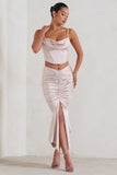 Per Favore Champagne Satin Ruched Split Maxi Skirt