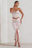 Per Favore Champagne Satin Ruched Split Maxi Skirt