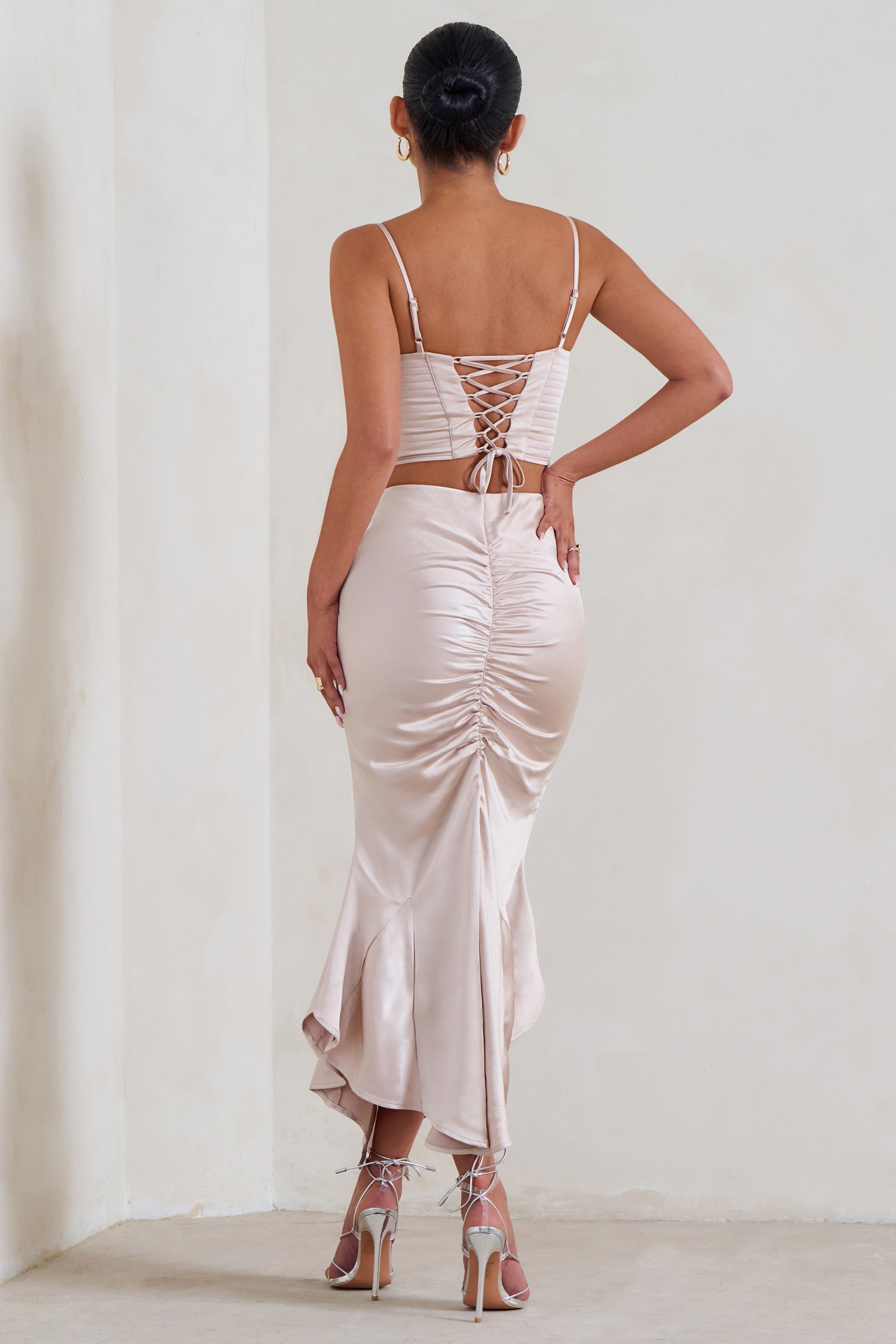 Per Favore Champagne Satin Ruched Split Maxi Skirt