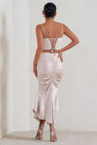 Per Favore Champagne Satin Ruched Split Maxi Skirt