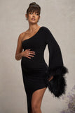 With A Flourish Black Asymmetric One-Sleeved Maternity Maxi Dress With Feathers