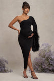 With A Flourish Black Asymmetric One-Sleeved Maternity Maxi Dress With Feathers