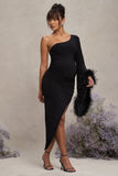 With A Flourish Black Asymmetric One-Sleeved Maternity Maxi Dress With Feathers