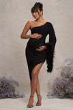 With A Flourish Black Asymmetric One-Sleeved Maternity Maxi Dress With Feathers