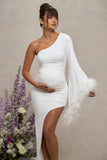 With A Flourish White Asymmetric One-Sleeved Maternity Maxi Dress With Feathers