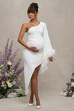 With A Flourish White Asymmetric One-Sleeved Maternity Maxi Dress With Feathers