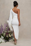 With A Flourish White Asymmetric One-Sleeved Maternity Maxi Dress With Feathers