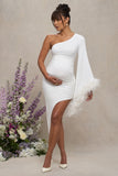 With A Flourish White Asymmetric One-Sleeved Maternity Maxi Dress With Feathers