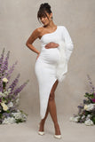 With A Flourish White Asymmetric One-Sleeved Maternity Maxi Dress With Feathers