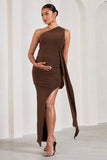 Dream Of You Chocolate One-Shoulder Split Maternity Maxi Dress With Drape