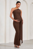Dream Of You Chocolate One-Shoulder Split Maternity Maxi Dress With Drape
