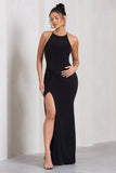 Stellar Black Halter-Neck Twisted Split Maxi Dress