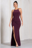 Stellar Plum Halter-Neck Twisted Split Maxi Dress