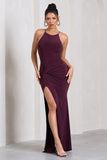 Stellar Plum Halter-Neck Twisted Split Maxi Dress
