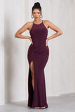 Stellar Plum Halter-Neck Twisted Split Maxi Dress