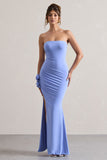 My Muse Blue Ruched Bandeau Split Maxi Dress With Flowers