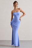 My Muse Blue Ruched Bandeau Split Maxi Dress With Flowers