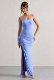 My Muse Blue Ruched Bandeau Split Maxi Dress With Flowers