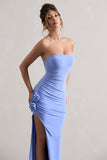 My Muse Blue Ruched Bandeau Split Maxi Dress With Flowers