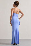 My Muse Blue Ruched Bandeau Split Maxi Dress With Flowers