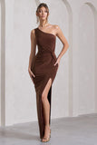 Coralina Chocolate Brown One Shoulder Open-Back Split Maxi Dress