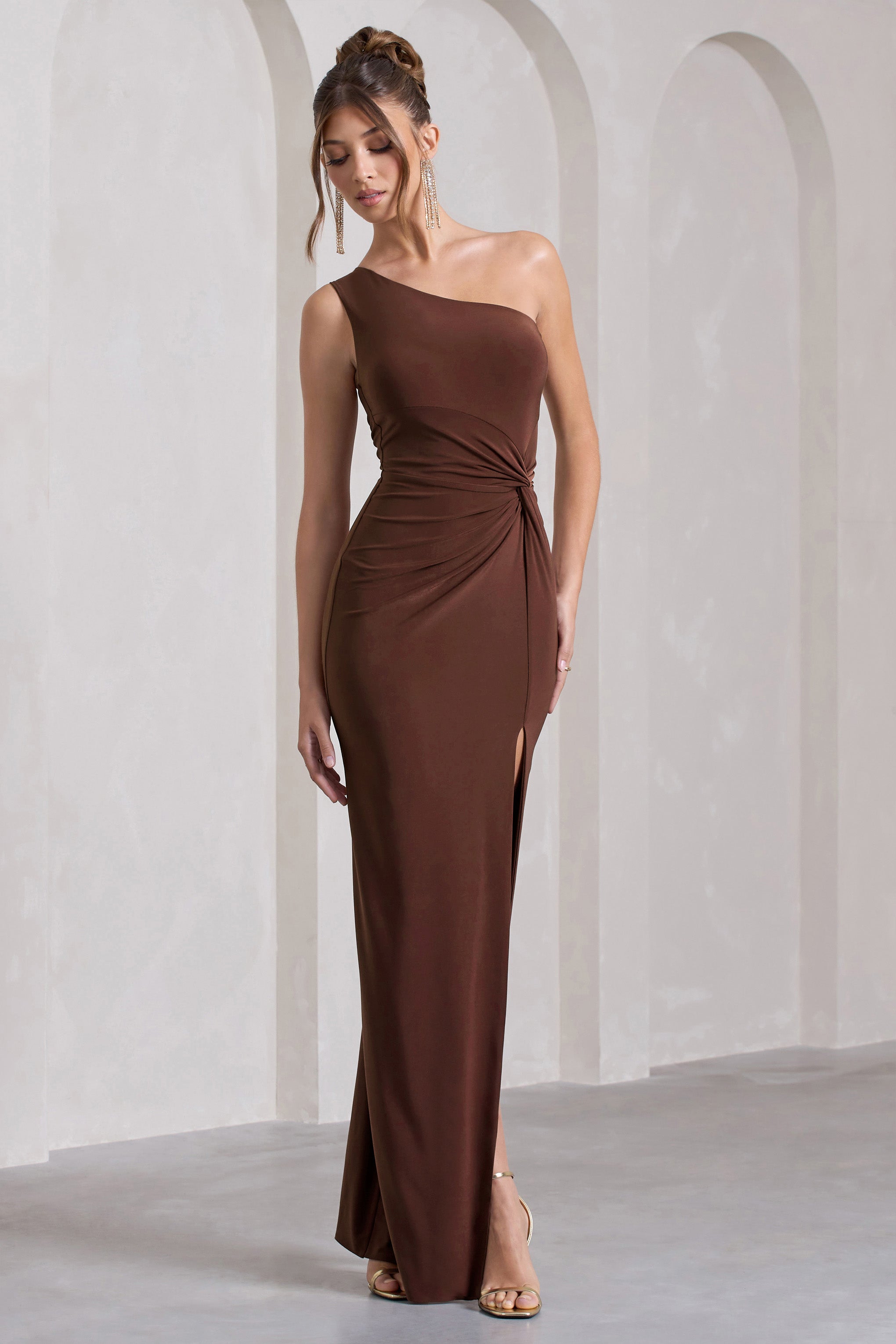 Coralina Chocolate Brown One Shoulder Open-Back Split Maxi Dress
