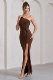 Coralina Chocolate Brown One Shoulder Open-Back Split Maxi Dress