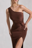 Coralina Chocolate Brown One Shoulder Open-Back Split Maxi Dress