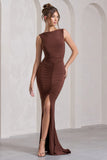 My Presence Chocolate Brown Low-Back Fishtail Split Maxi Dress