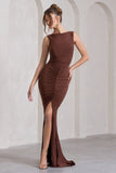 My Presence Chocolate Brown Low-Back Fishtail Split Maxi Dress
