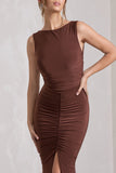 My Presence Chocolate Brown Low-Back Fishtail Split Maxi Dress