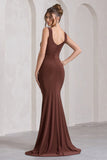 My Presence Chocolate Brown Low-Back Fishtail Split Maxi Dress