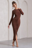 Katy Chocolate Ruched Long-Sleeve Split Maxi Dress
