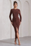 Katy Chocolate Ruched Long-Sleeve Split Maxi Dress