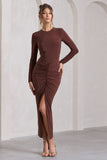 Katy Chocolate Ruched Long-Sleeve Split Maxi Dress