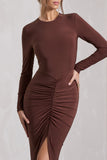 Katy Chocolate Ruched Long-Sleeve Split Maxi Dress