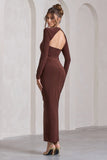 Katy Chocolate Ruched Long-Sleeve Split Maxi Dress