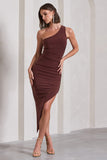 This Way Chocolate Brown One Shoulder Ruched Asymmetric Open-Back Maxi Dress