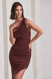 This Way Chocolate Brown One Shoulder Ruched Asymmetric Open-Back Maxi Dress
