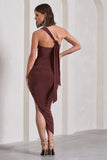 This Way Chocolate Brown One Shoulder Ruched Asymmetric Open-Back Maxi Dress