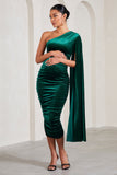Gianna Bottle Green Velvet Maternity One Shoulder Cape Bodycon Midi Dress