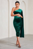 Gianna Bottle Green Velvet Maternity One Shoulder Cape Bodycon Midi Dress