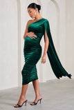 Gianna Bottle Green Velvet Maternity One Shoulder Cape Bodycon Midi Dress