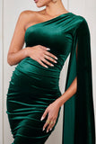 Gianna Bottle Green Velvet Maternity One Shoulder Cape Bodycon Midi Dress