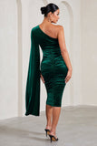 Gianna Bottle Green Velvet Maternity One Shoulder Cape Bodycon Midi Dress