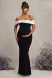 In Bloom Black & White Bardot Maternity Maxi Dress With Flower