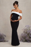 In Bloom Black & White Bardot Maternity Maxi Dress With Flower