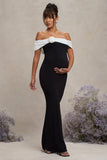 In Bloom Black & White Bardot Maternity Maxi Dress With Flower