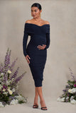 Davina Navy Ruched Twist Bardot Long-Sleeve Maternity Midi Dress